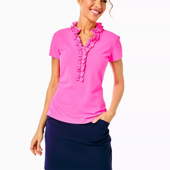 Lilly Pulitzer Luxletic Frida Ruffle Polo Top Pink Isle UPF 50+ Size M - Picture 2 of 11